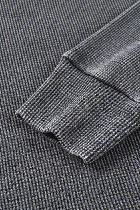 Waffle Knit Drop Shoulder Wide Crewneck Banded Hem Loose Fit Top